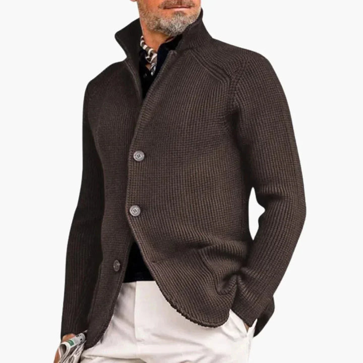 Brown Men's Ribbed Knit Button Cardigan — Dexter Relaxed Stand-Collar Layering - Button Detail