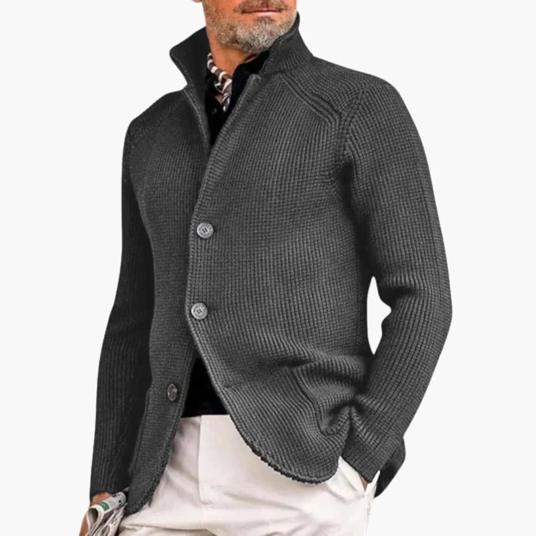 Gray Men's Ribbed Knit Button Cardigan — Dexter Relaxed Stand-Collar Layering - Close Up Collar