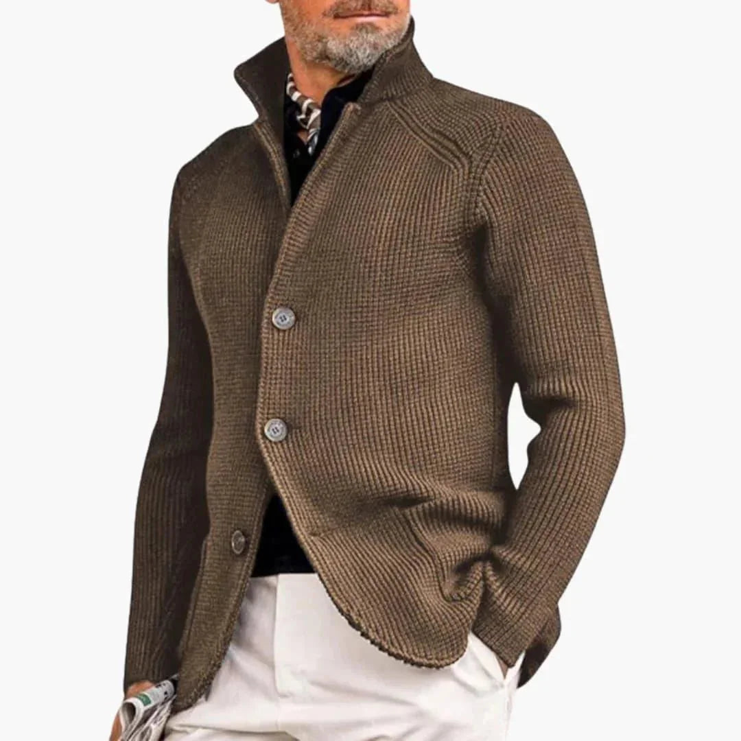 Khaki Men's Ribbed Knit Button Cardigan — Dexter Relaxed Stand-Collar Layering - Outdoor Pose