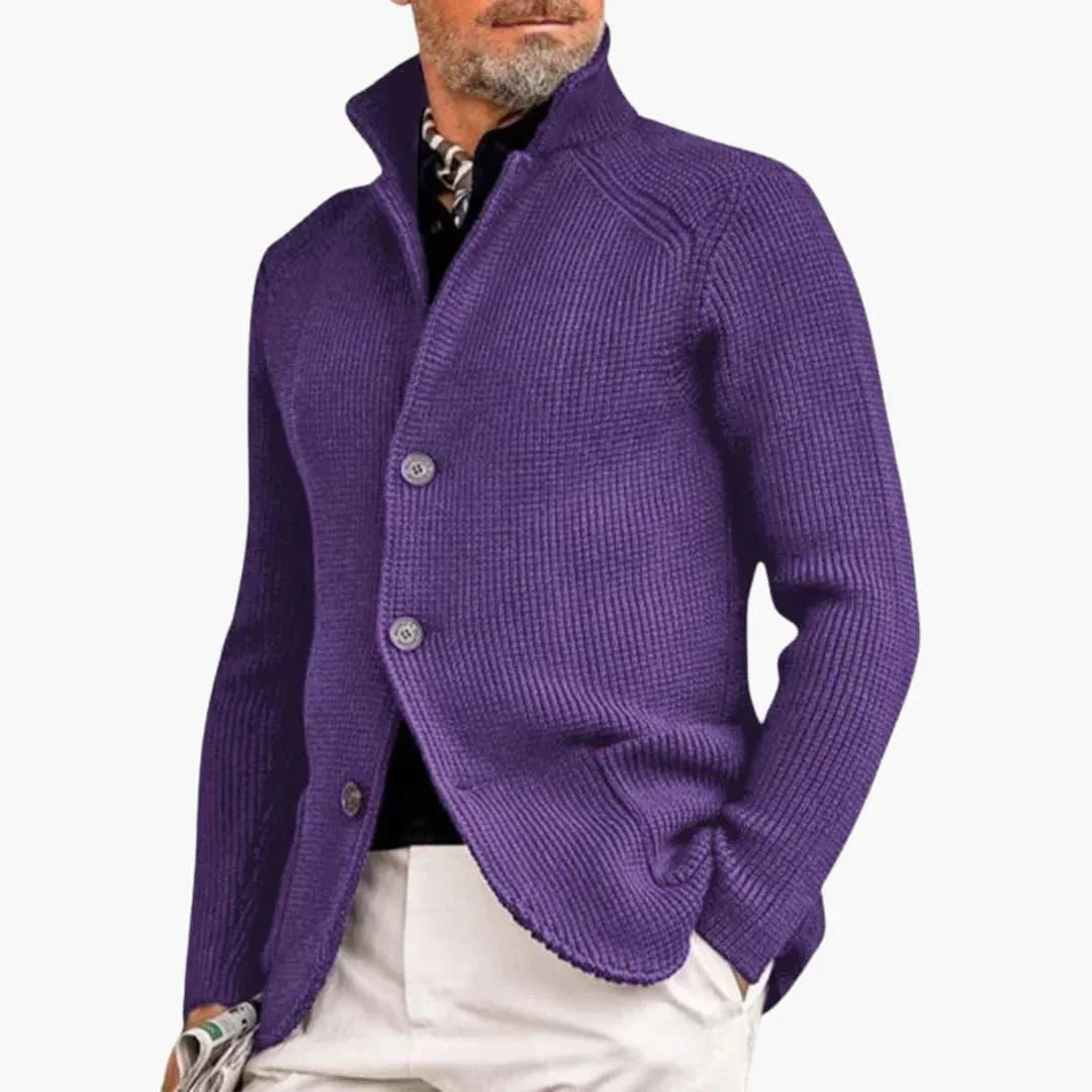 Purple Men's Ribbed Knit Button Cardigan — Dexter Relaxed Stand-Collar Layering - Hand In Pocket
