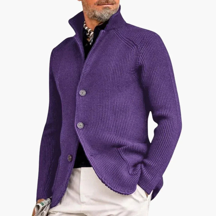 Purple Men's Ribbed Knit Button Cardigan — Dexter Relaxed Stand-Collar Layering - Hand In Pocket