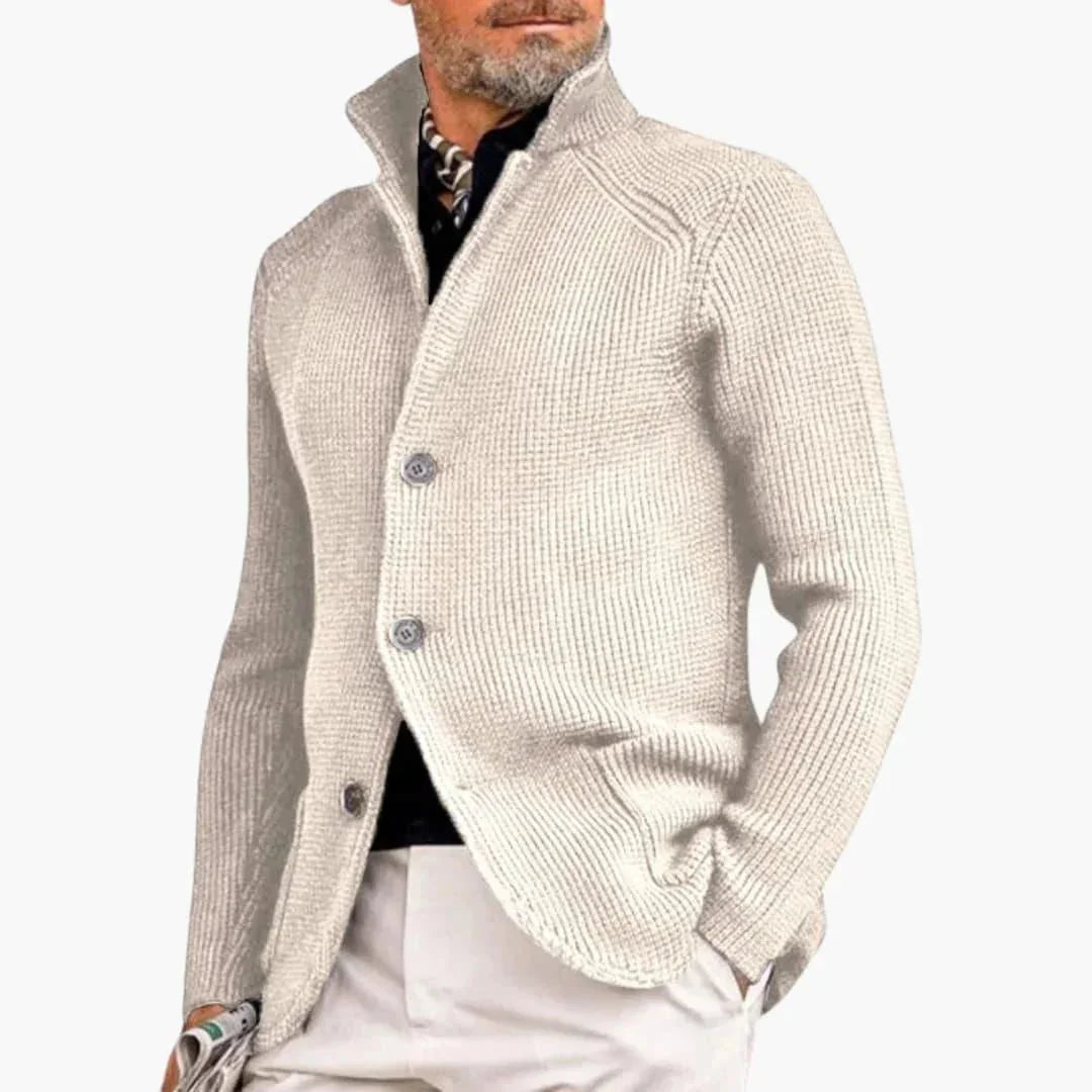 White Men's Ribbed Knit Button Cardigan — Dexter Relaxed Stand-Collar Layering - Front Angle