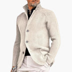 White Men's Ribbed Knit Button Cardigan — Dexter Relaxed Stand-Collar Layering - Front Angle
