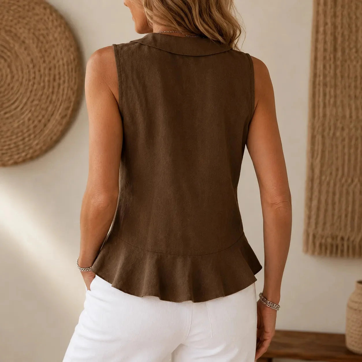 Chocolate Women's Ruffle V-Neck Blouse — Edith Button-Front Bow-Tie Peplum - Back Detail