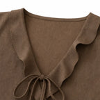 Chocolate Women's Ruffle V-Neck Blouse — Edith Button-Front Bow-Tie Peplum - Flat Lay Neckline