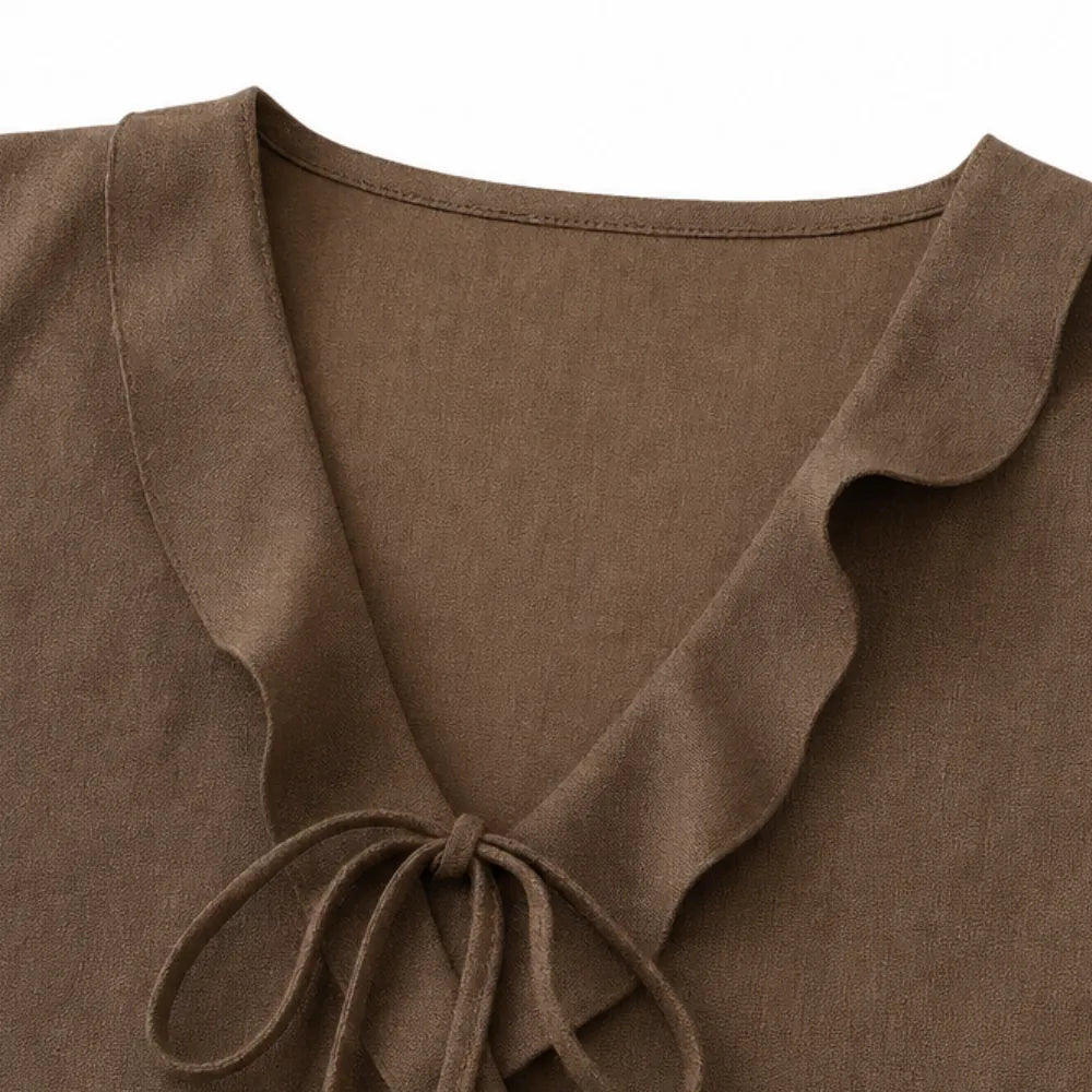 Chocolate Women's Ruffle V-Neck Blouse — Edith Button-Front Bow-Tie Peplum - Flat Lay Neckline