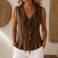 Chocolate Women's Ruffle V-Neck Blouse — Edith Button-Front Bow-Tie Peplum - Front Full