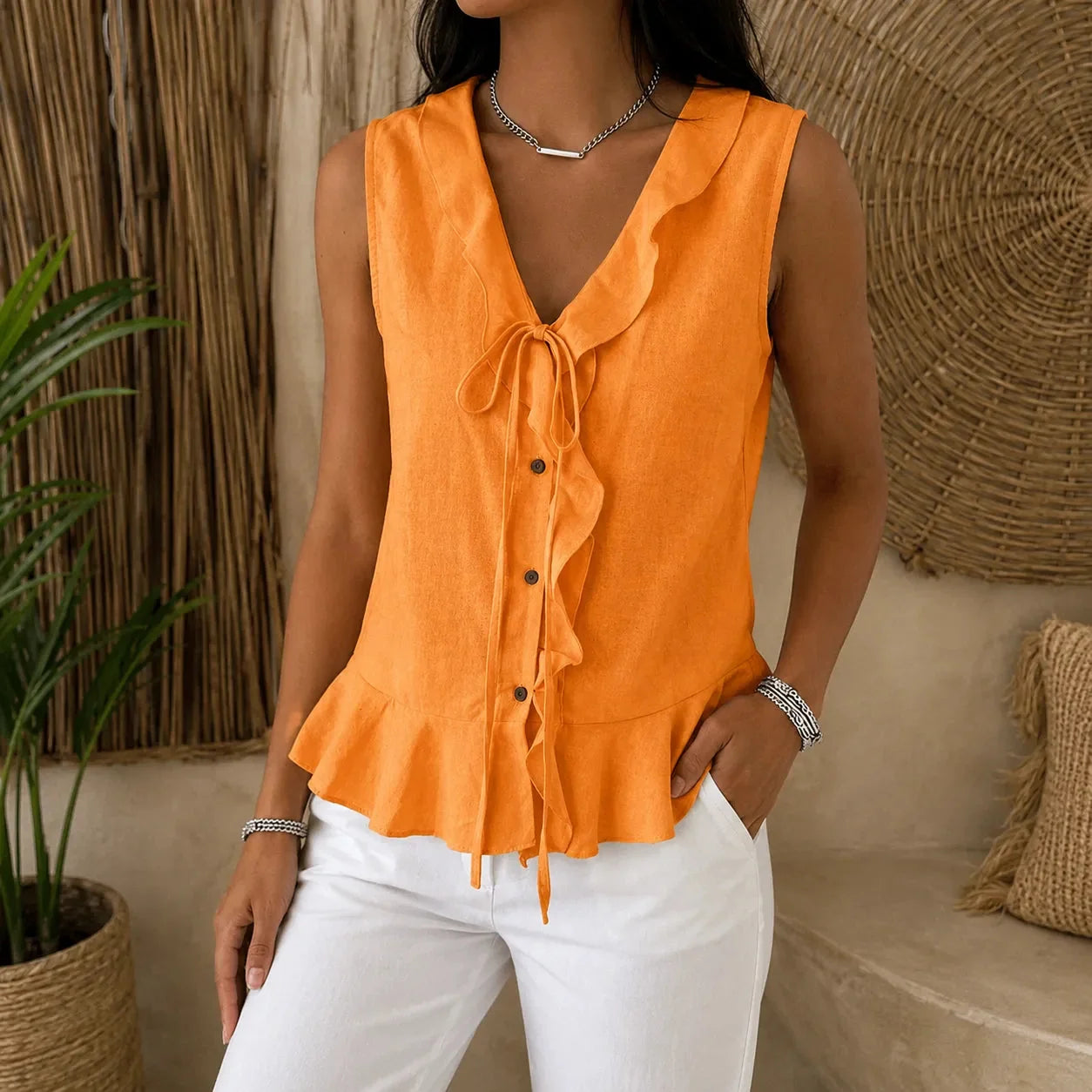 Orange Women's Ruffle V-Neck Blouse — Edith Button-Front Bow-Tie Peplum - Front Full