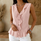Pink Women's Ruffle V-Neck Blouse — Edith Button-Front Bow-Tie Peplum - Front Full
