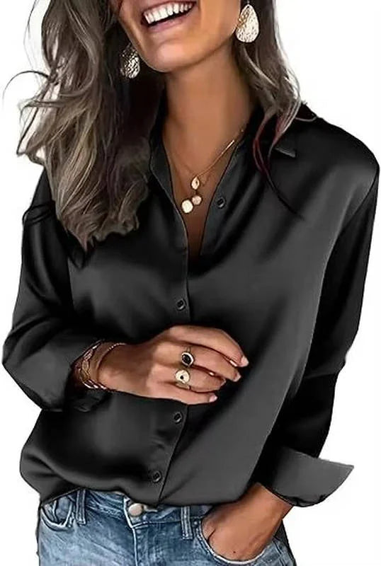 Black Women's Long Sleeve Satin Silk Blouse — Yvonne Business Casual Button-Down - Worn Lifestyle