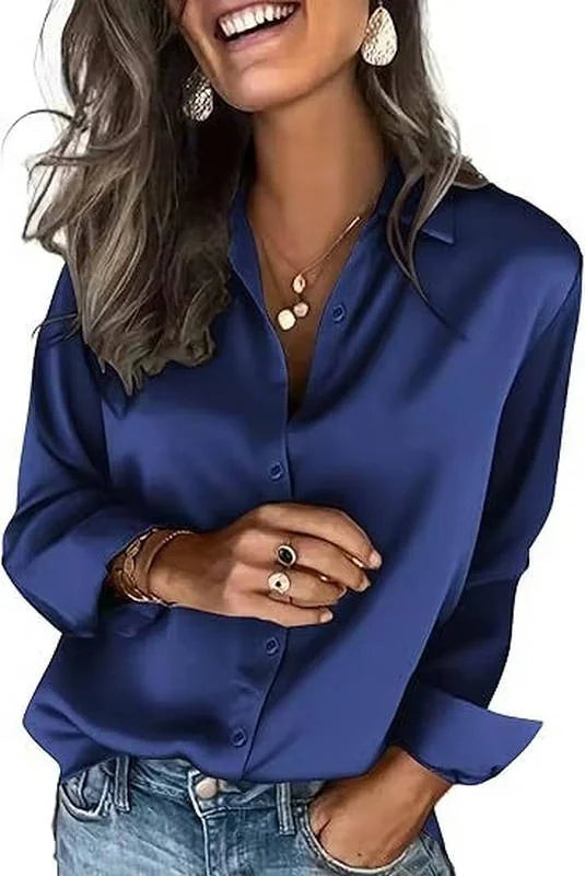 Dark Blue Women's Long Sleeve Satin Silk Blouse — Yvonne Business Casual Button-Down - Side Pose