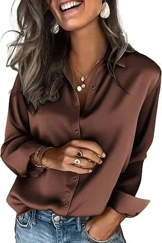 Brown Women's Long Sleeve Satin Silk Blouse — Yvonne Business Casual Button-Down - Front Pose