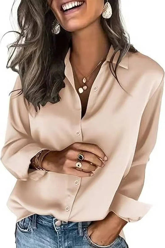 Champagne Color Women's Long Sleeve Satin Silk Blouse — Yvonne Business Casual Button-Down - Studio Pose