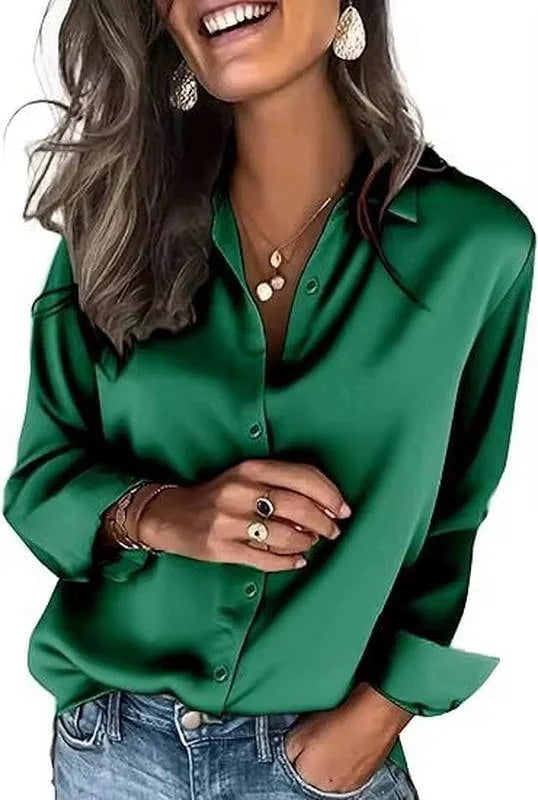 Dark Green Women's Long Sleeve Satin Silk Blouse — Yvonne Business Casual Button-Down - Front Full