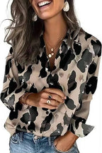 Leopard Print Women's Long Sleeve Satin Silk Blouse - Animal Print Detail