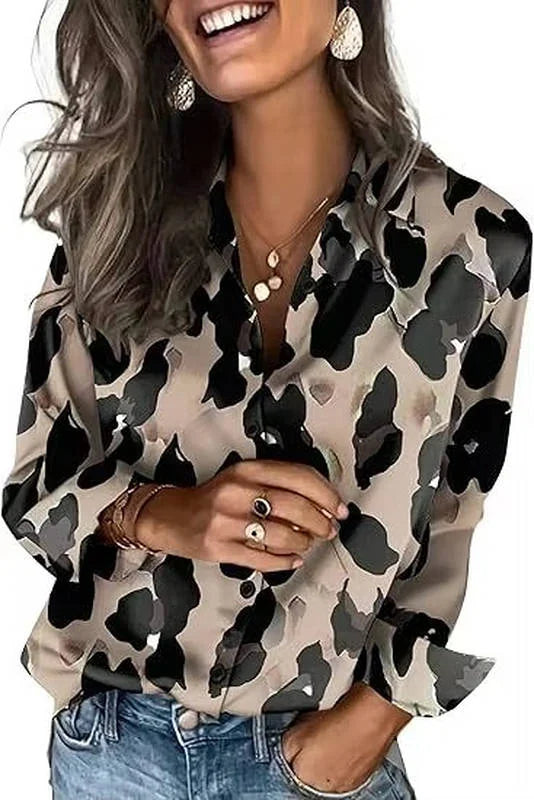 Leopard Print Women's Long Sleeve Satin Silk Blouse — Yvonne Business Casual Button-Down - Animal Print Detail