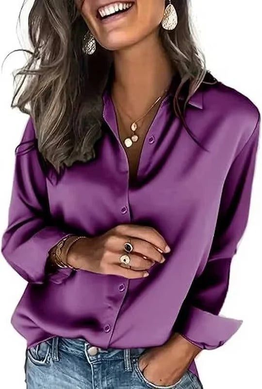 Purple Women's Long Sleeve Satin Silk Blouse — Yvonne Business Casual Button-Down - Casual Pose