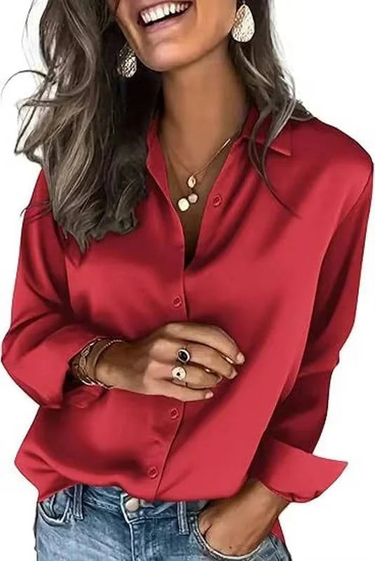 Red Women's Long Sleeve Satin Silk Blouse — Yvonne Business Casual Button-Down - Front Smile