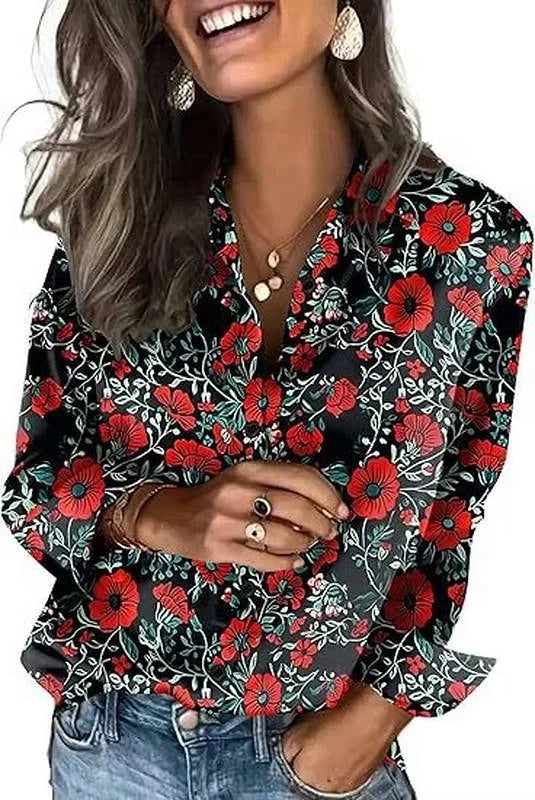 Rose Women's Long Sleeve Satin Silk Blouse — Yvonne Business Casual Button-Down - Red Floral Print Detail