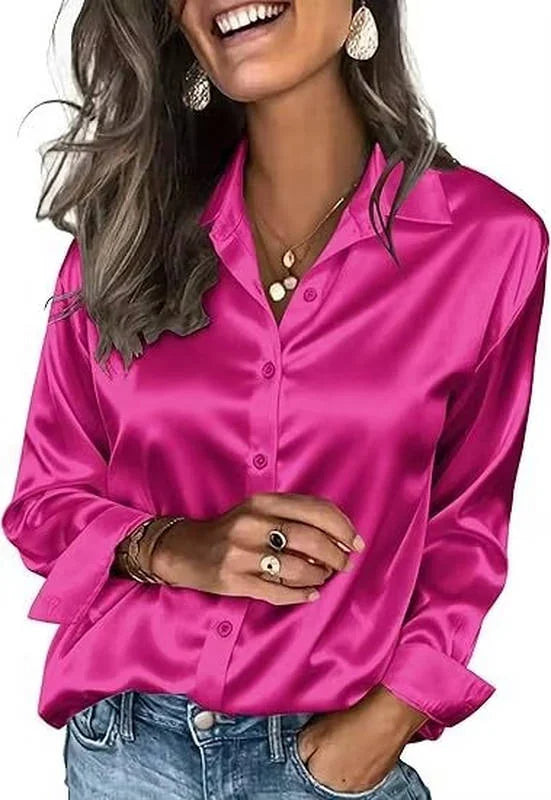 Safflower Women's Long Sleeve Satin Silk Blouse — Yvonne Business Casual Button-Down - Hand Detail