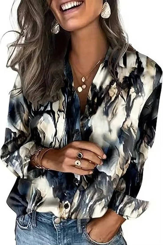 Tie Women's Long Sleeve Satin Silk Blouse — Yvonne Business Casual Button-Down - Dye Abstract Print Detail