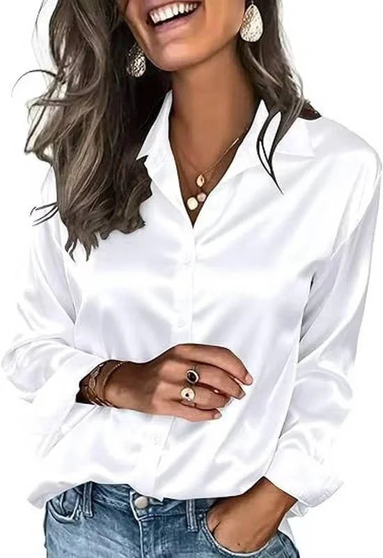 White Women's Long Sleeve Satin Silk Blouse — Yvonne Business Casual Button-Down - Close Up Neckline