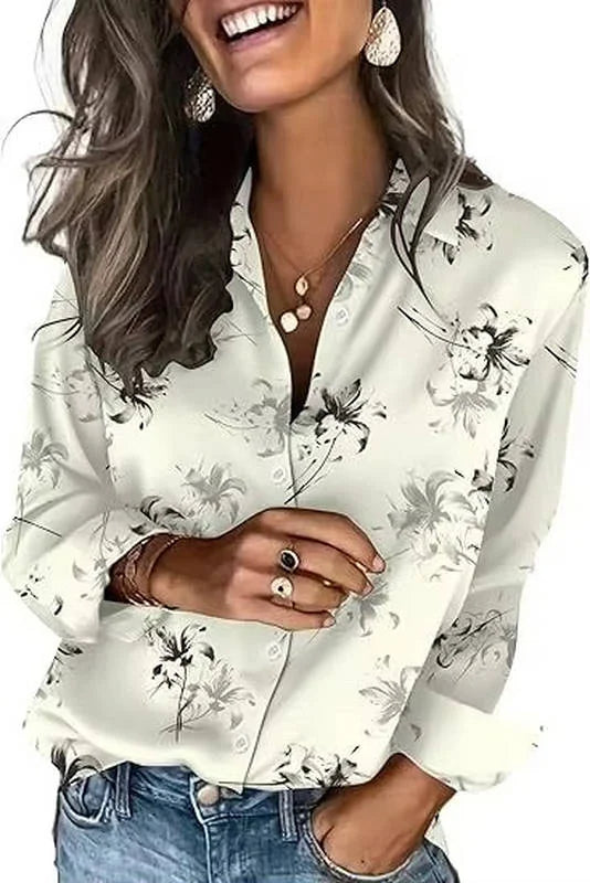 White Women's Long Sleeve Satin Silk Blouse — Yvonne Business Casual Button-Down - Floral Light Print Detail