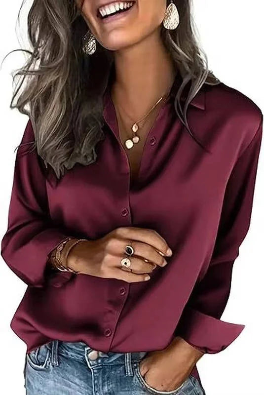 Wine Red Women's Long Sleeve Satin Silk Blouse — Yvonne Business Casual Button-Down - Close Up Pose