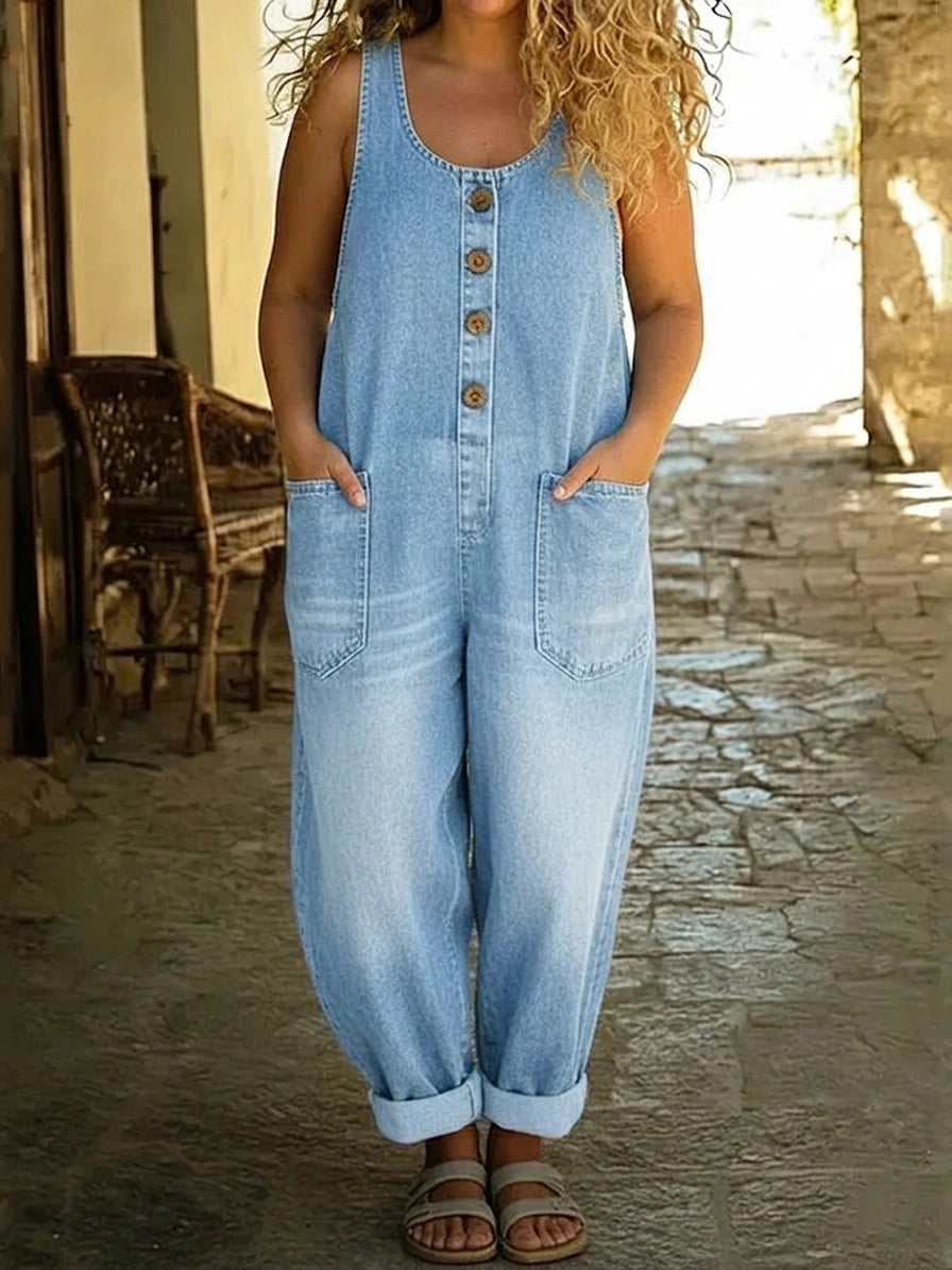 Light Blue Women's Denim Overalls Jumpsuit — Rita Button-Front Wide-Leg Pockets