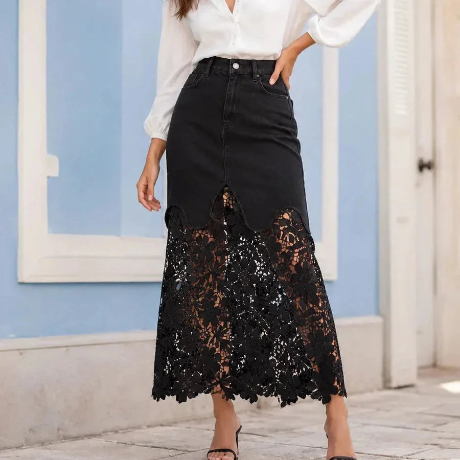 Black Women's Denim Maxi Skirt — Kayla Scalloped Lace-Hem High-Waisted - Front Pose
