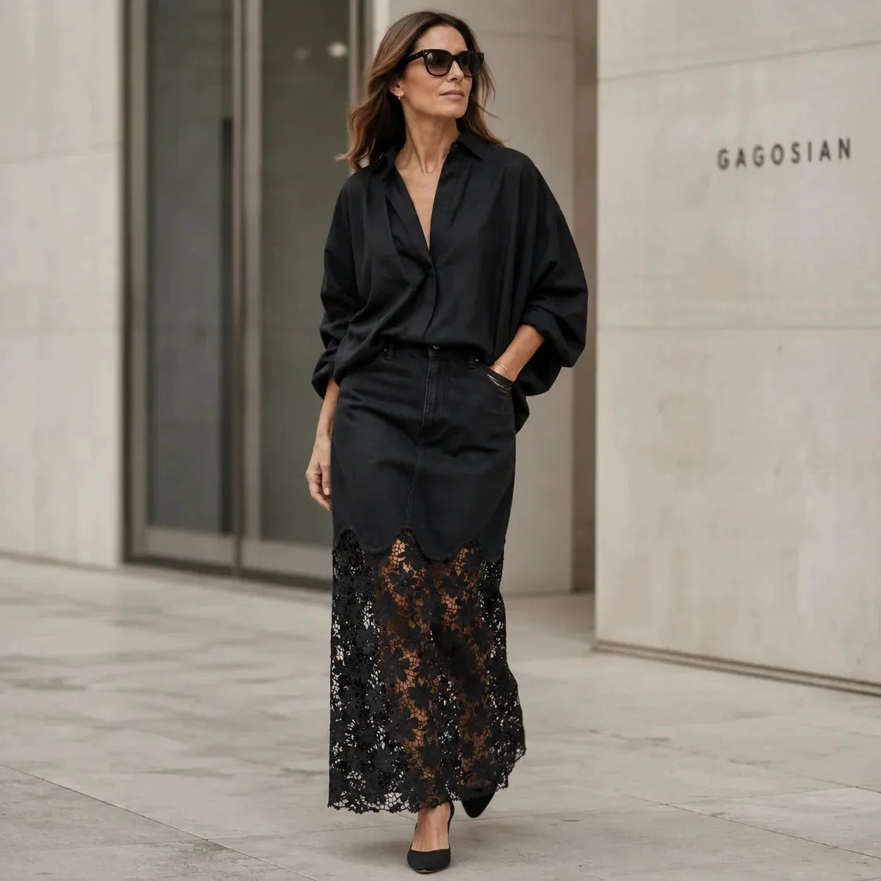Black Women's Denim Maxi Skirt — Kayla Scalloped Lace-Hem High-Waisted - Front Walking