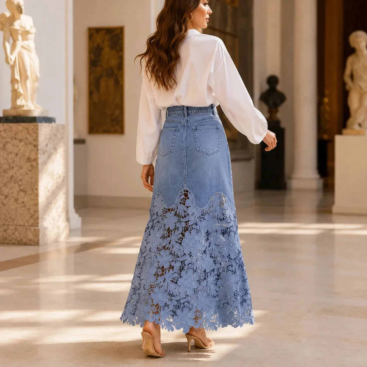 Blue Women's Denim Maxi Skirt — Kayla Scalloped Lace-Hem High-Waisted - Back Full