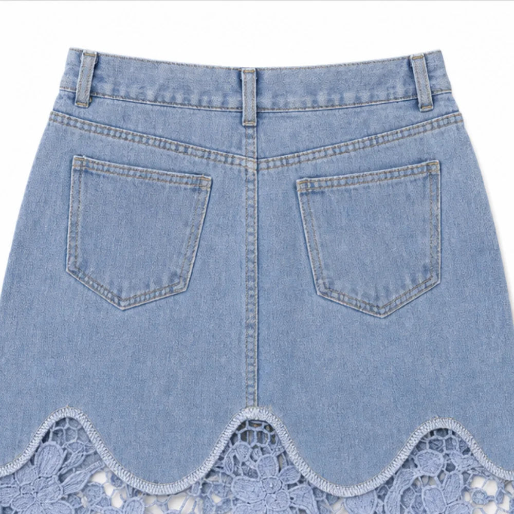 Blue Women's Denim Maxi Skirt — Kayla Scalloped Lace-Hem High-Waisted - Back Pocket Detail