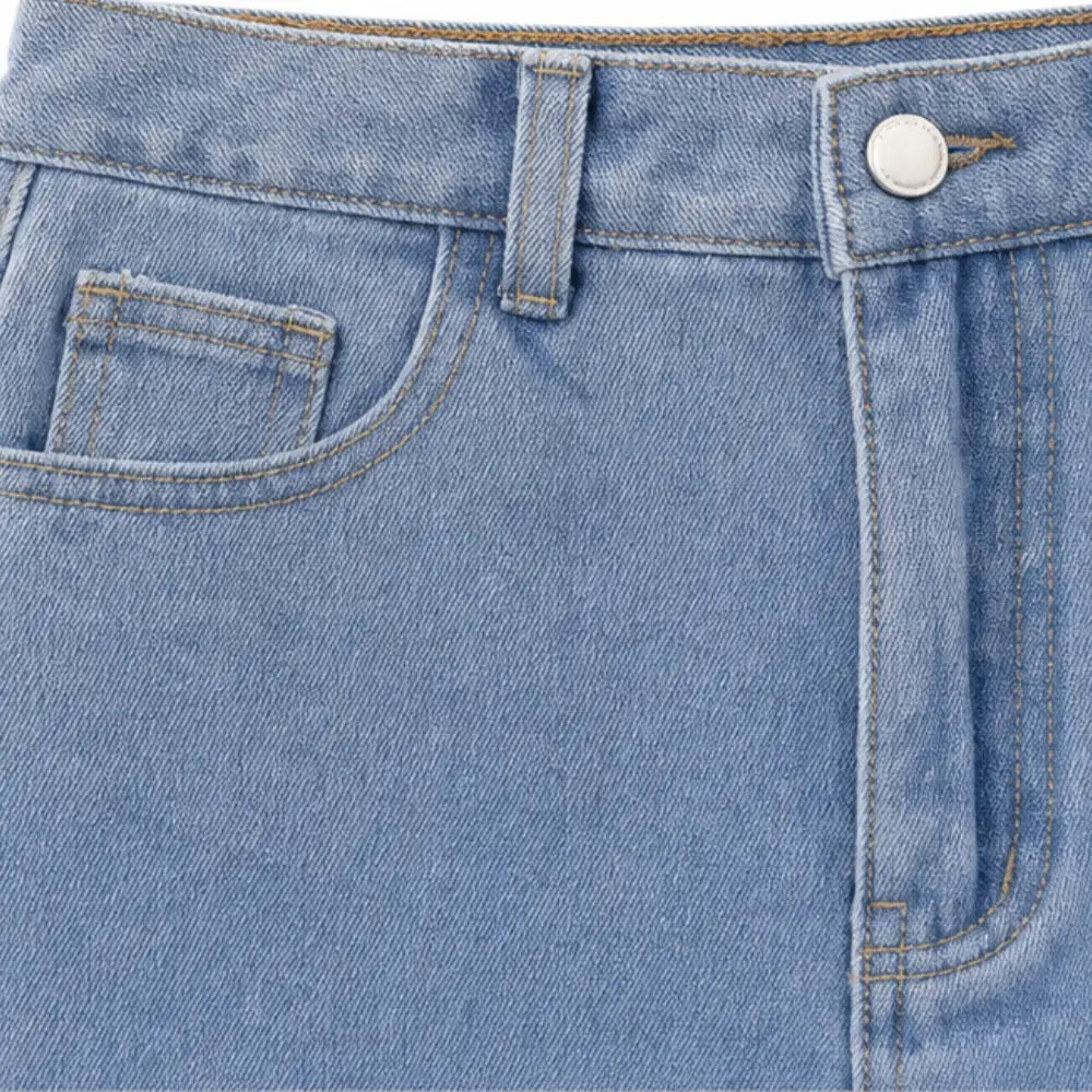 Blue Women's Denim Maxi Skirt — Kayla Scalloped Lace-Hem High-Waisted - Close Up Button