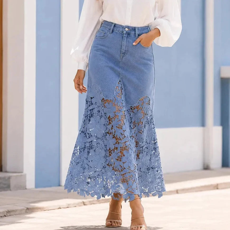 Blue Women's Denim Maxi Skirt — Kayla Scalloped Lace-Hem High-Waisted - Front Full Street