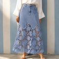Blue Women's Denim Maxi Skirt — Kayla Scalloped Lace-Hem High-Waisted - Front Full