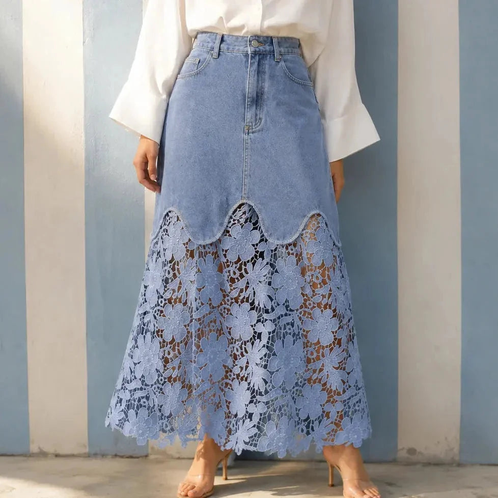 Blue Women's Denim Maxi Skirt — Kayla Scalloped Lace-Hem High-Waisted - Front Full