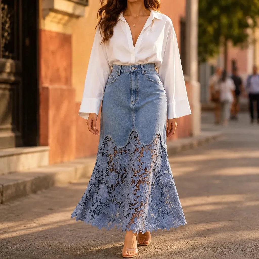 Blue Women's Denim Maxi Skirt — Kayla Scalloped Lace-Hem High-Waisted - Street Walking