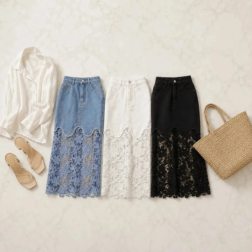 Multicolor Women's Denim Maxi Skirt — Kayla Scalloped Lace-Hem High-Waisted - Flat Lay