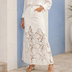 White Women's Denim Maxi Skirt — Kayla Scalloped Lace-Hem High-Waisted - Front Hand Pocket