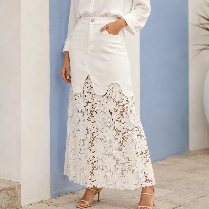 White Women's Denim Maxi Skirt — Kayla Scalloped Lace-Hem High-Waisted - Front Hand Pocket