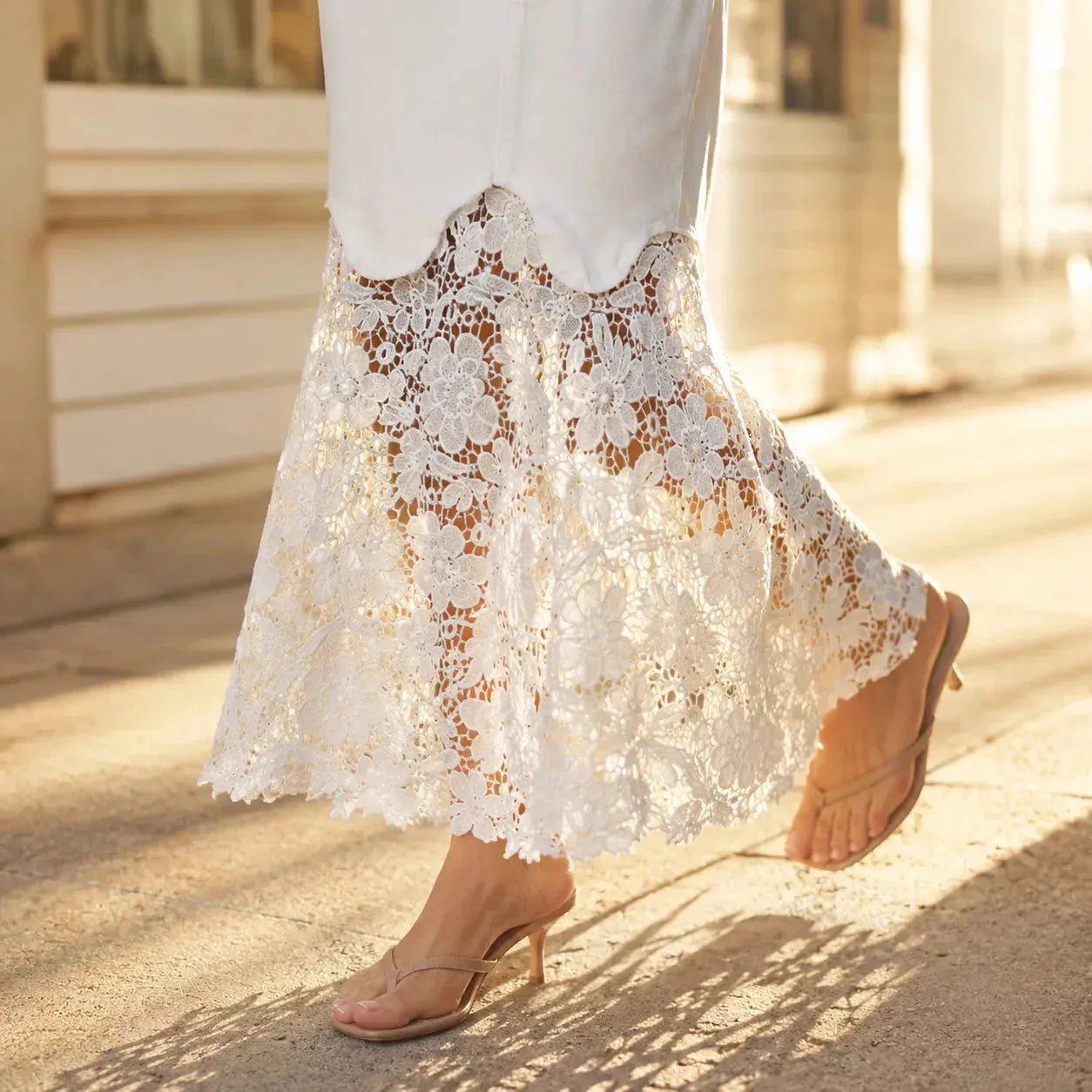 White Women's Denim Maxi Skirt — Kayla Scalloped Lace-Hem High-Waisted - Hem Detail