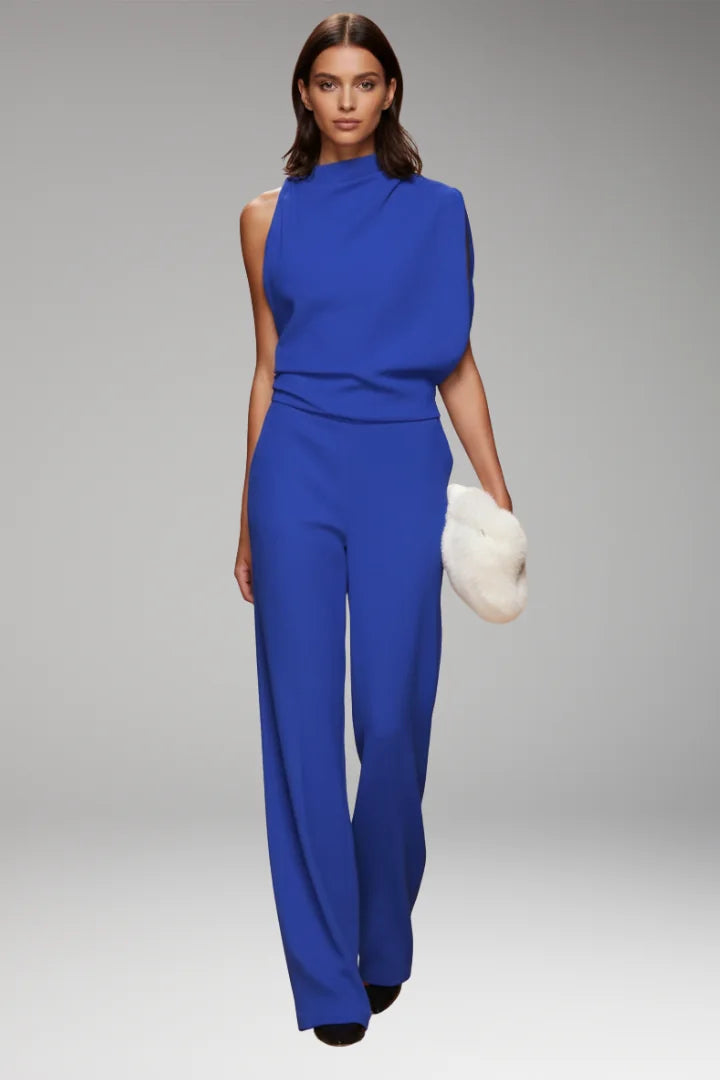 Blue Women's Sleeveless Wide-Leg Jumpsuits — Mila Draped Mock-Neck Evening - Front Standing Pose