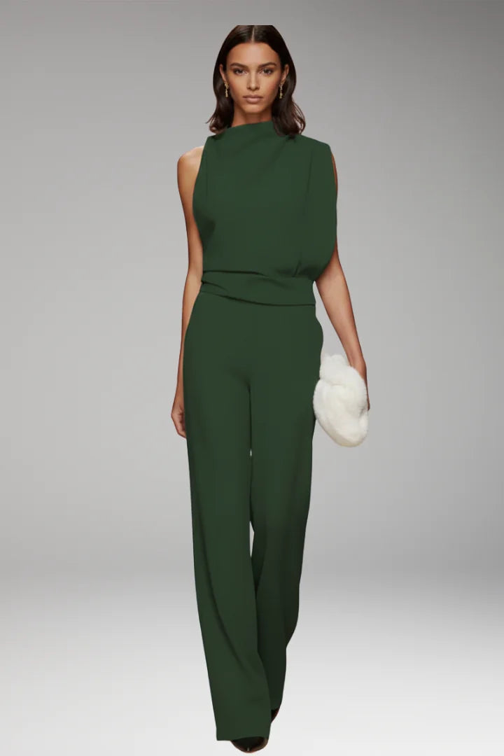Green Women's Sleeveless Wide-Leg Jumpsuits — Mila Draped Mock-Neck Evening - Front Walking Pose
