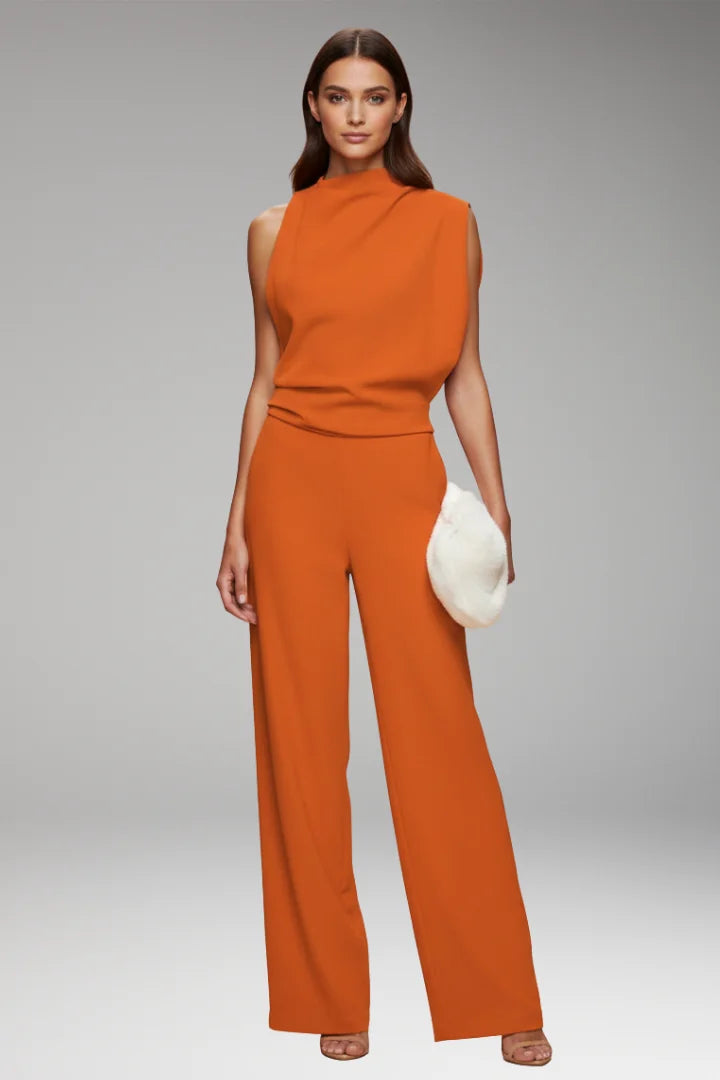 Orange Women's Sleeveless Wide-Leg Jumpsuits — Mila Draped Mock-Neck Evening - Front Heeled Pose