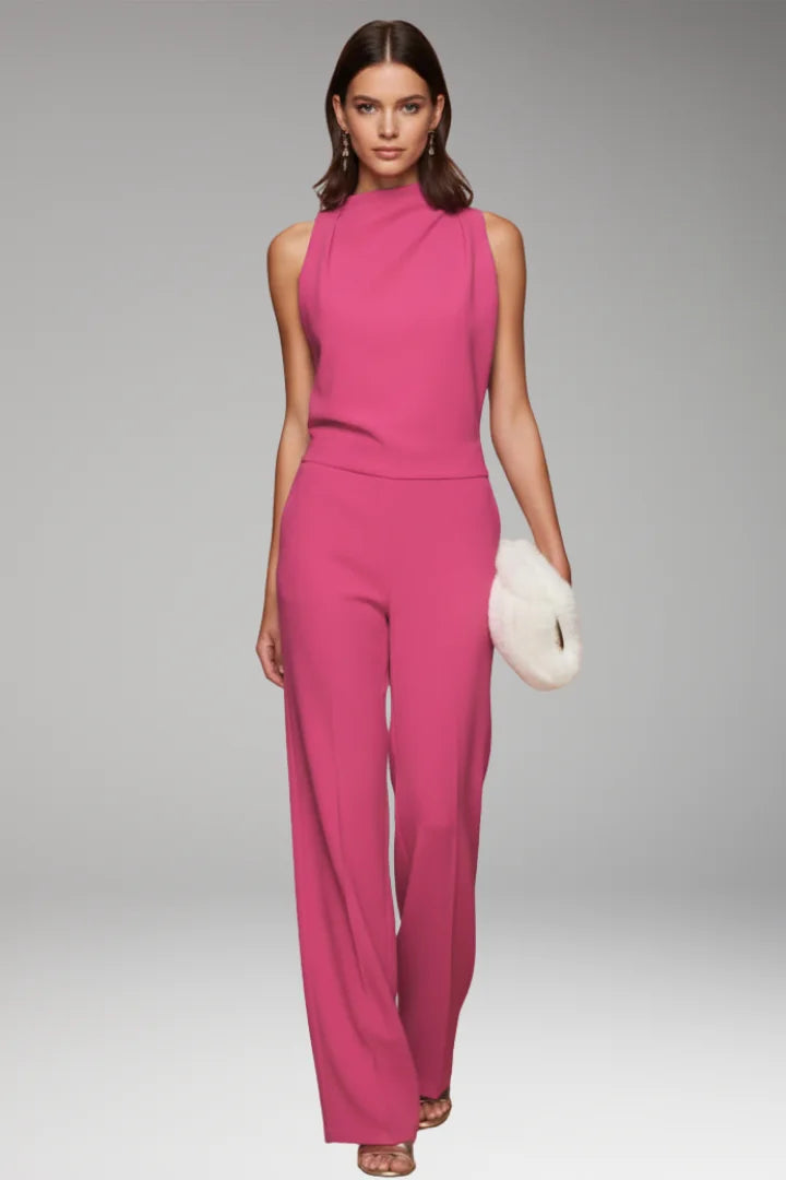 Pink Women's Sleeveless Wide-Leg Jumpsuits — Mila Draped Mock-Neck Evening - Front Strolling Pose