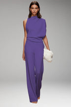 Purple Women's Sleeveless Wide-Leg Jumpsuits — Mila Draped Mock-Neck Evening - Front Relaxed Pose