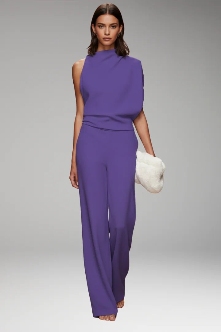 Purple Women's Sleeveless Wide-Leg Jumpsuits — Mila Draped Mock-Neck Evening - Front Relaxed Pose