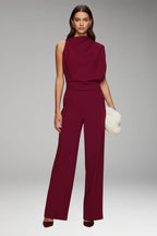 Red Women's Sleeveless Wide-Leg Jumpsuits — Mila Draped Mock-Neck Evening - Front Clutch Pose
