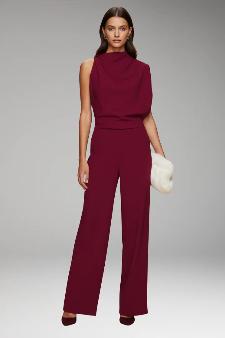 Red Women's Sleeveless Wide-Leg Jumpsuits — Mila Draped Mock-Neck Evening - Front Clutch Pose